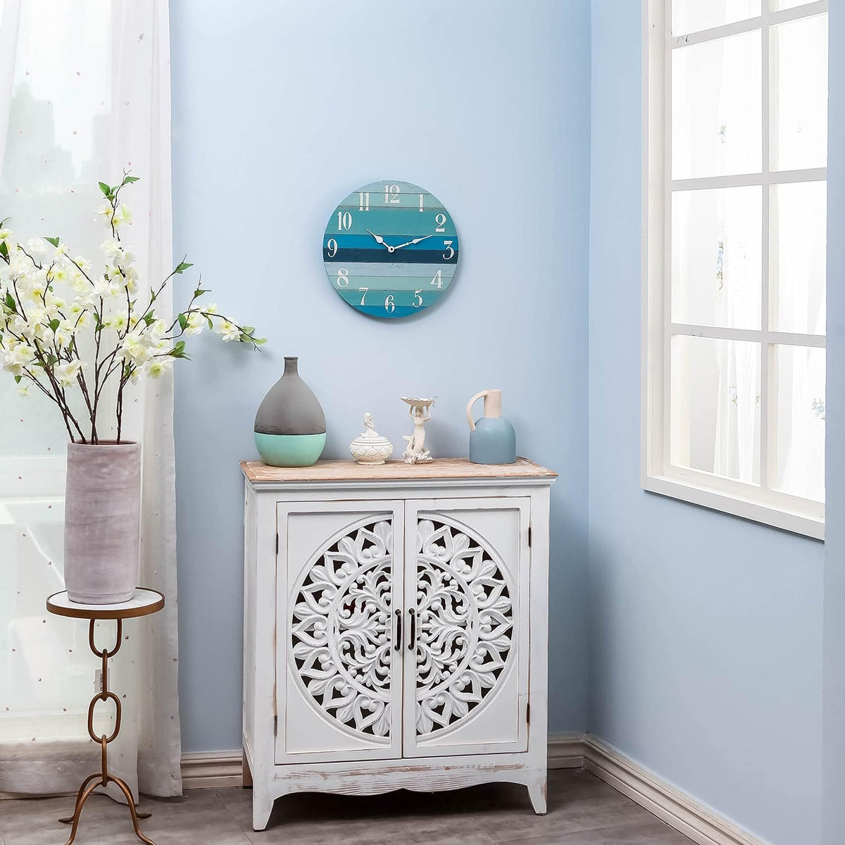 Rustic Coastal Blue Wood Round Wall Clock I499974