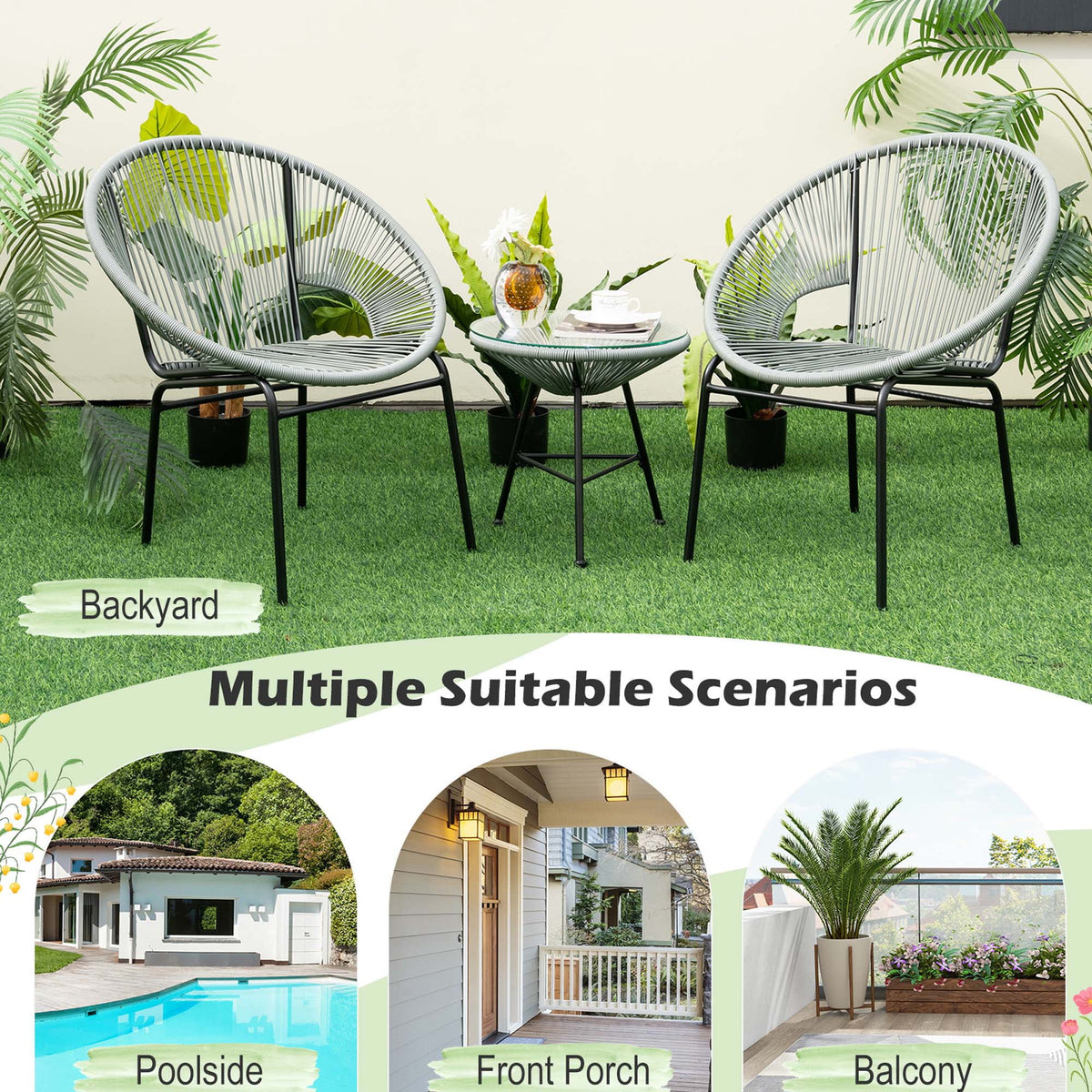 3 Pc Black Plastic Rope Patio Bistro Set Z111004