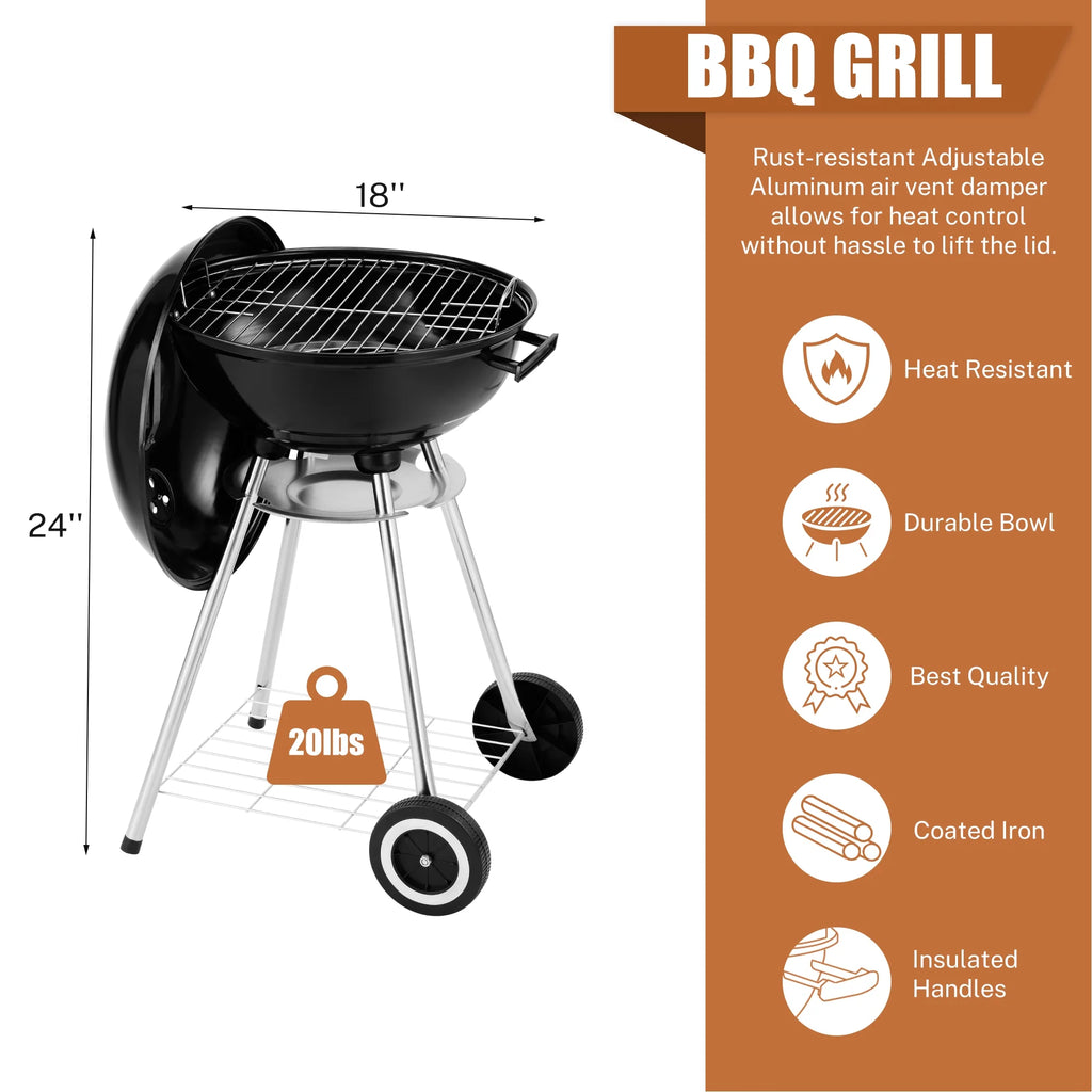 18 Inch Portable Charcoal Grill with Wheels J87654