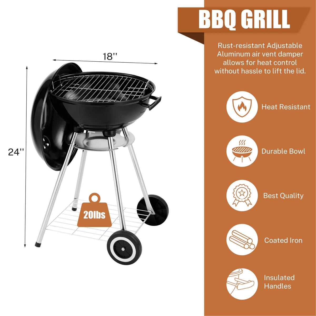 18 Inch Portable Charcoal Grill with Wheels J87654