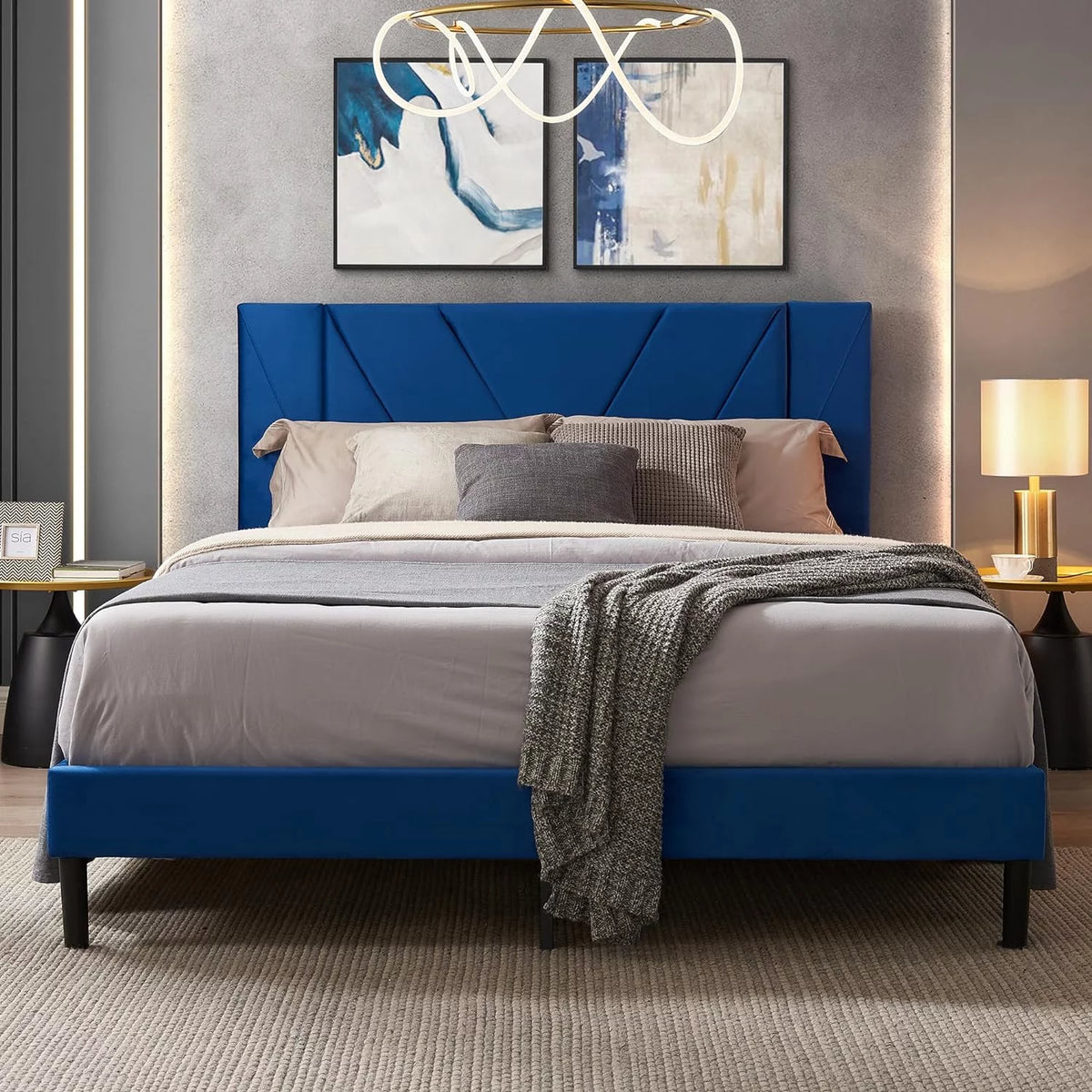 Queen Size Black Velvet Upholstered Platform Bed Frame A922942