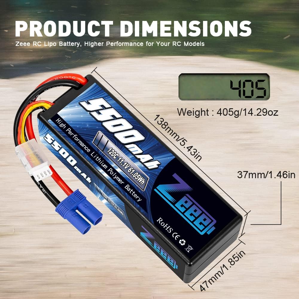 3S Lipo Battery 5500mAh 11.1V 120C Hard Case with EC5 Connector 2 Pack K86274