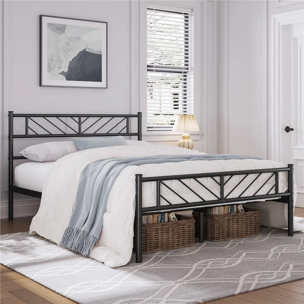 Queen Metal Platform Bed with Arrow Design Headboard and Footboard, Black Q543883