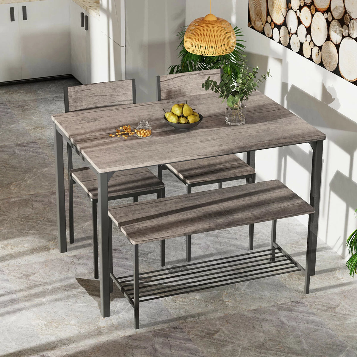 4 Pc Dining Table Set with 2 Chairs and Bench W1133