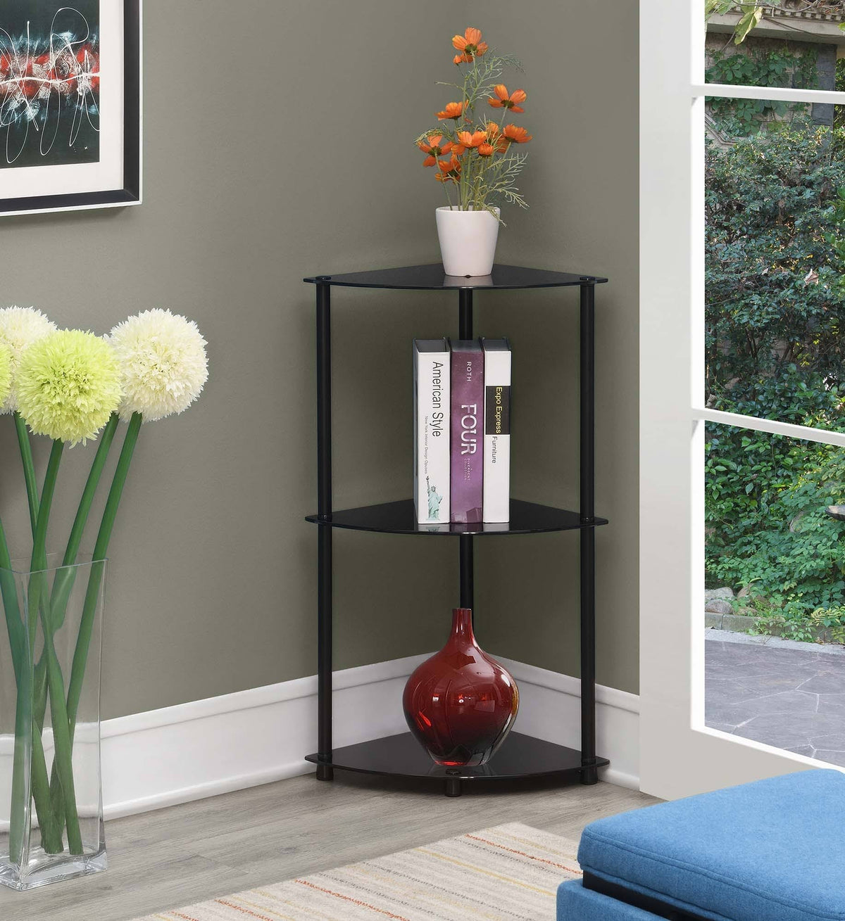 3-Tier Corner Shelf, Black Glass X58787