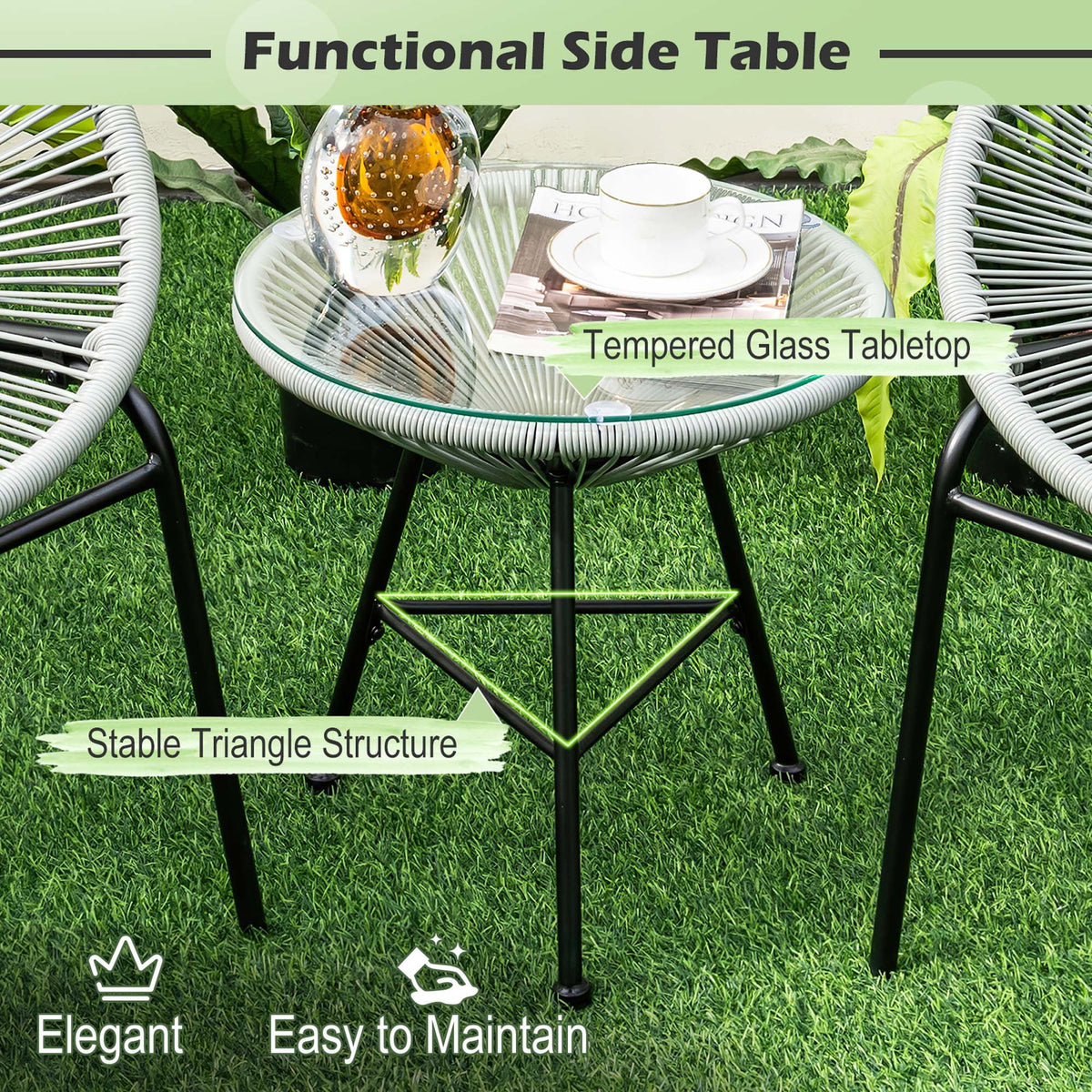 3 Pc Black Plastic Rope Patio Bistro Set Z111004