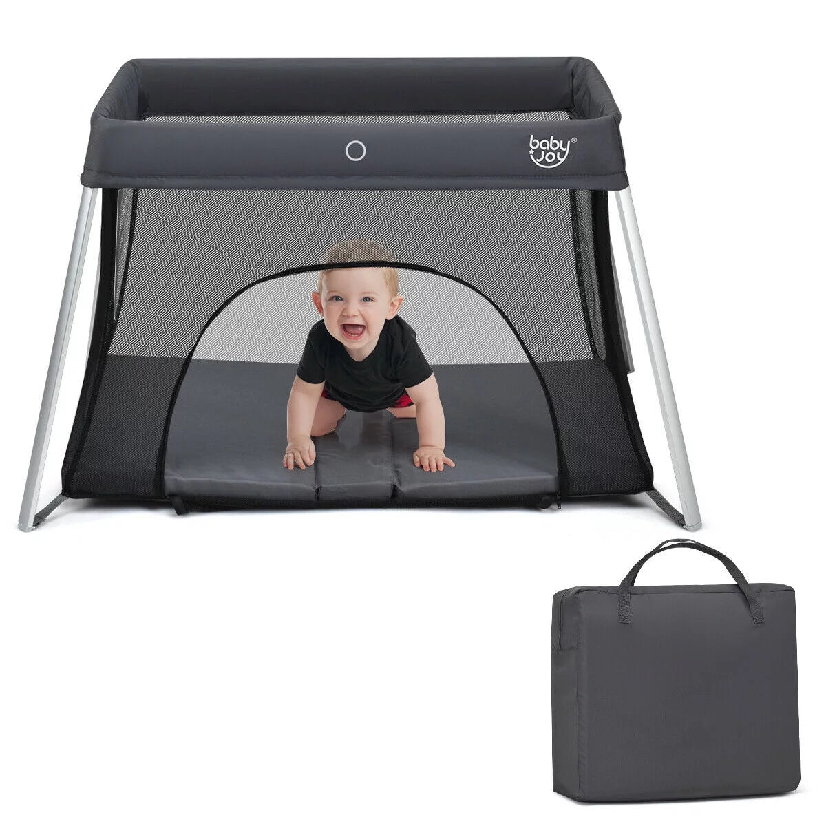 Foldable Baby Playpen Lightweight Crib with Carry Bag Dark Gray V733