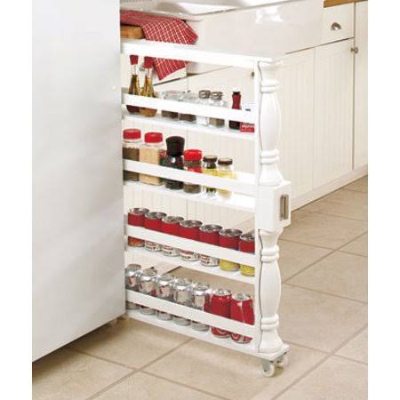 White Wooden Spice Rack Rolling Cart E7163