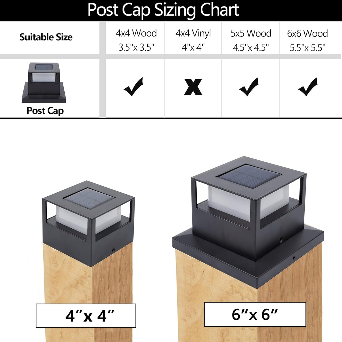 4 Pack Solar Post Lights, 20 Lumen Warm White LED, Fits 4x4, 5x5 or 6x6 Wooden Posts T206538