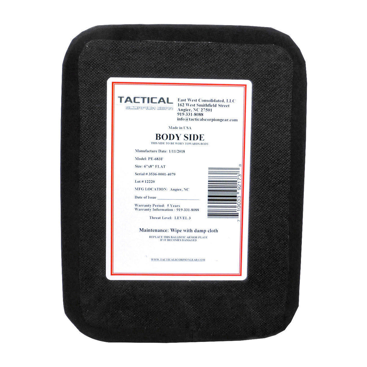 Level III+ PE Polyethylene Flat Body Armor 6x8 T397