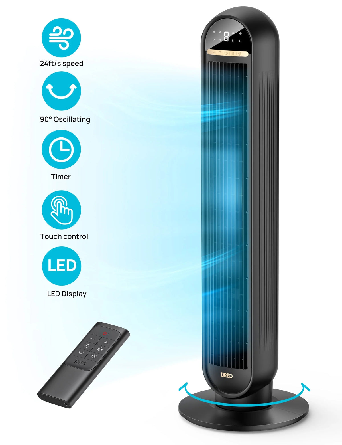 36" Standing Floor Fan with Remote, 90° Oscillating, LED Display U578466