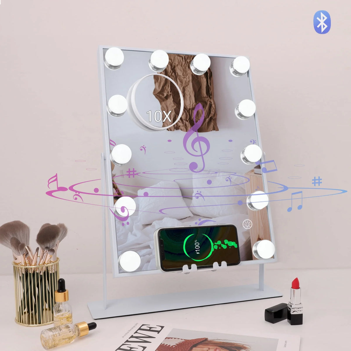 White Bluetooth Hollywood Makeup Mirror with Lights P317536