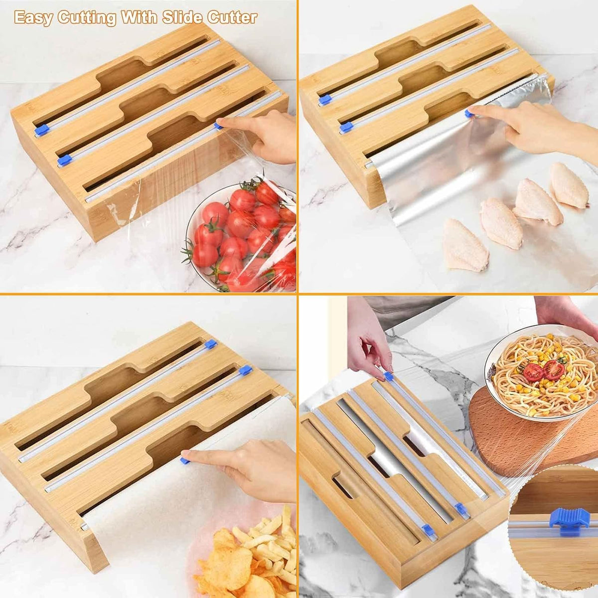 Bamboo Wrap Dispenser with Slide Cutter, 3 in 1 Aluminum Foil Plastic Wrap Wax Paper Dispenser, 12 Roll, Pack of 2 Z26296