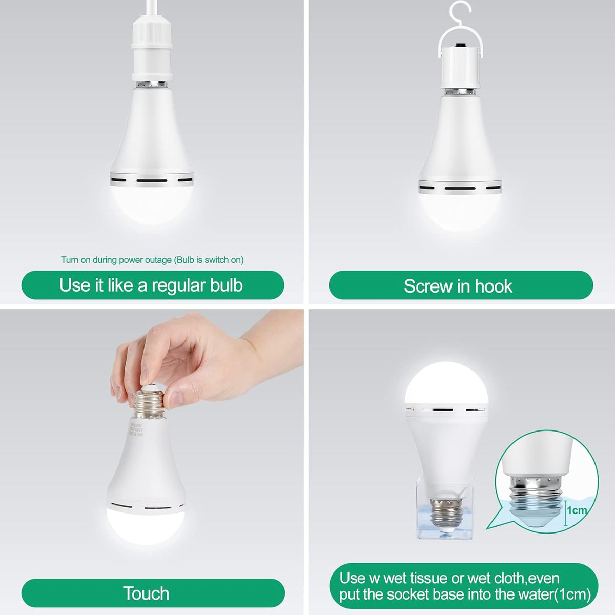 Rechargeable Emergency LED Light Bulb with Hook 1200mAh 12W 10 Pack E117