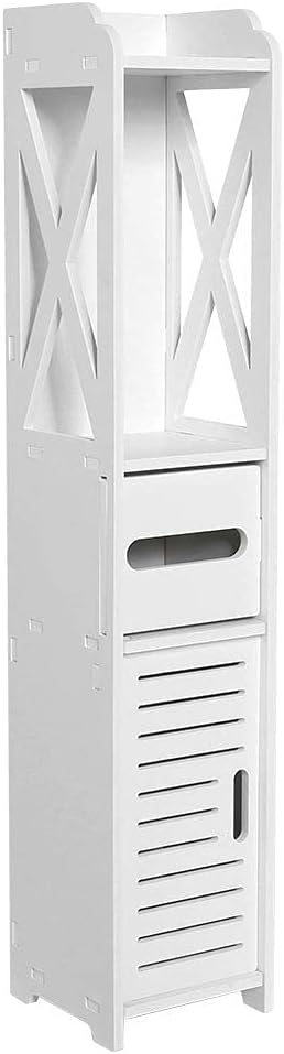 White Narrow Floor Standing Bathroom Storage Cabinet with Open Shelves L572930