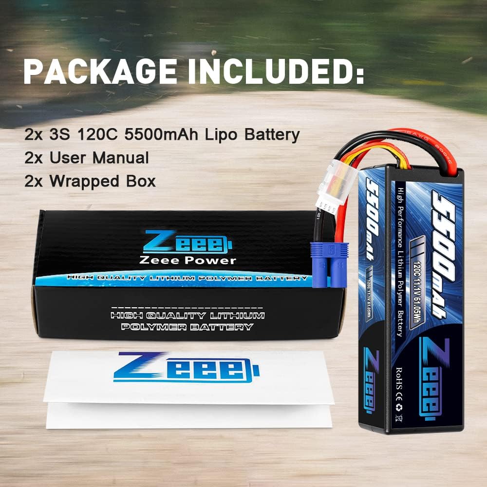 3S Lipo Battery 5500mAh 11.1V 120C Hard Case with EC5 Connector 2 Pack K86274
