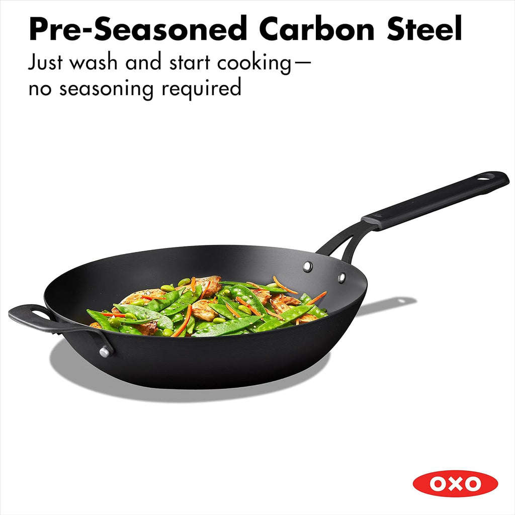 12 Carbon Steel Wok Pan with Silicone Handle Holder Y105