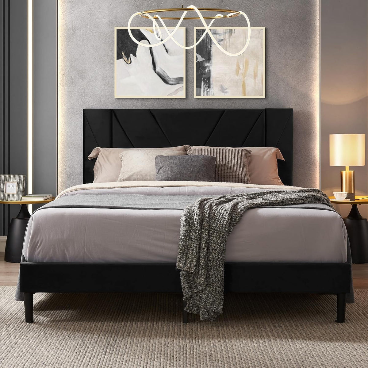 Queen Size Black Velvet Upholstered Platform Bed Frame A922942