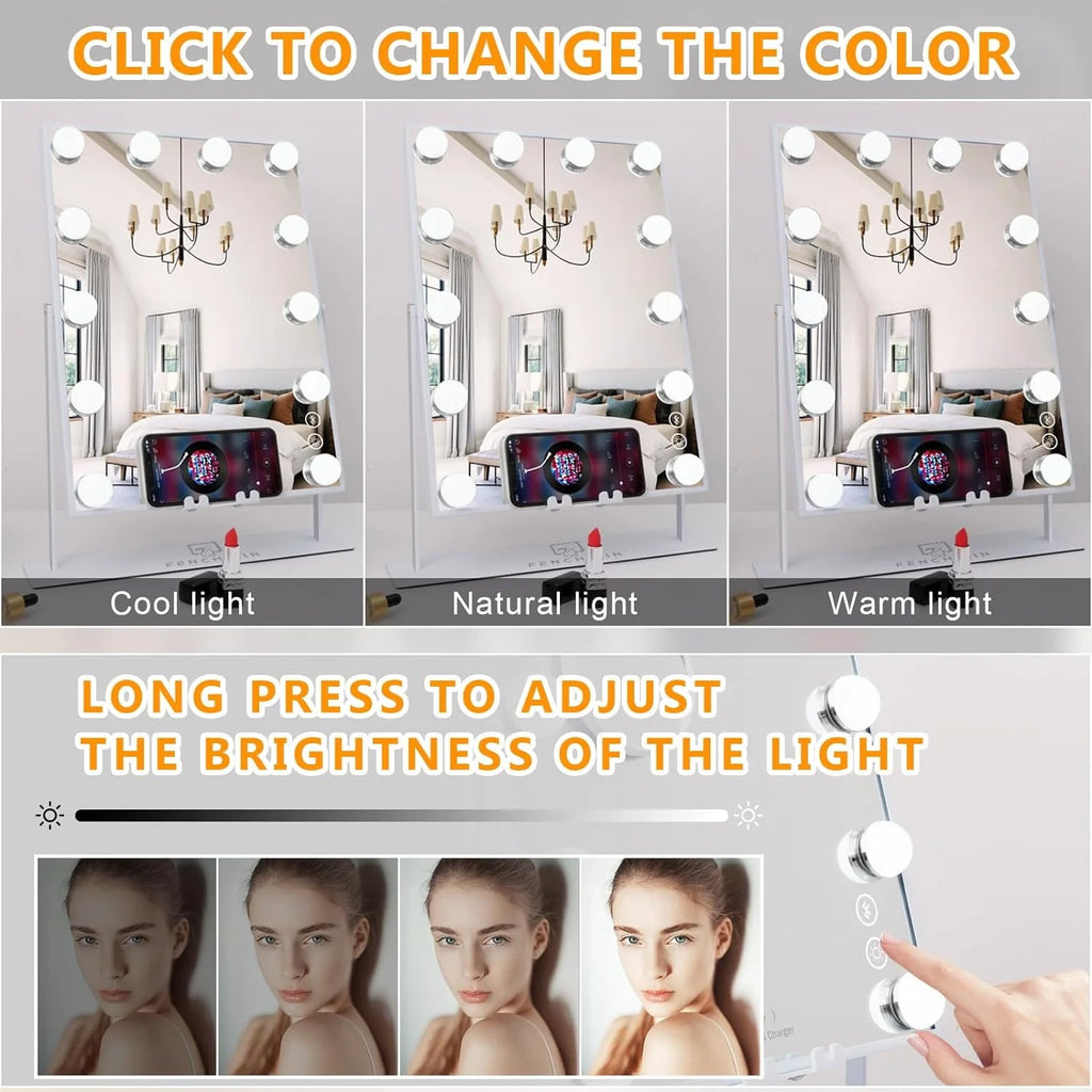 White Bluetooth Hollywood Makeup Mirror with Lights P317536