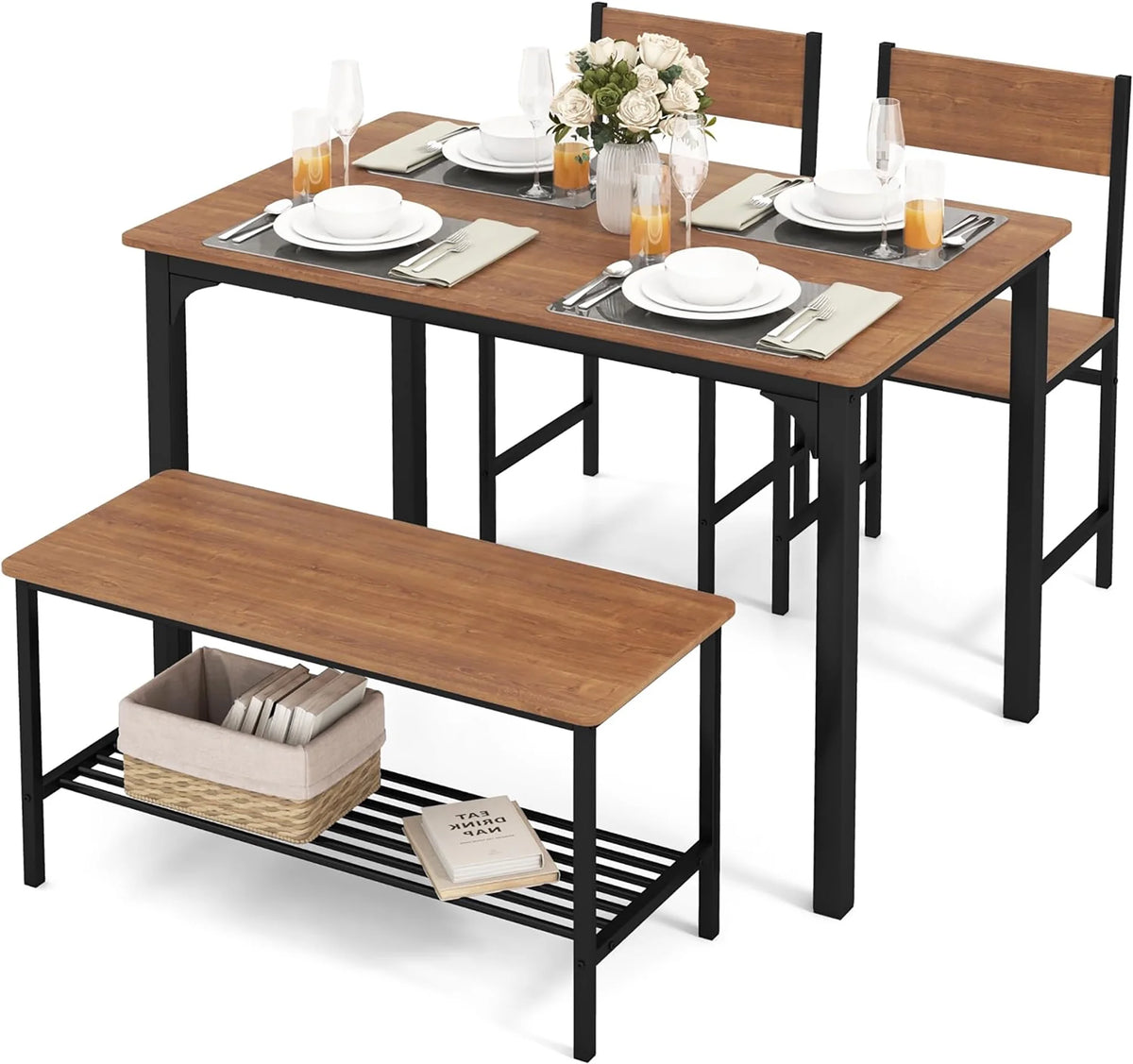 4 Pc Dining Table Set with 2 Chairs and Bench W1133