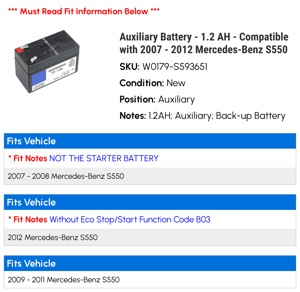 Auxiliary Battery 1.2 AH W21183