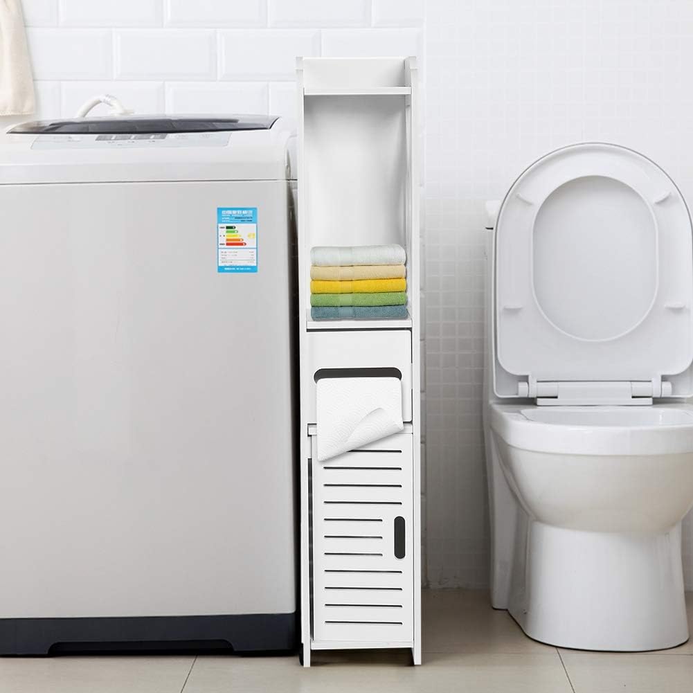 White Narrow Floor Standing Bathroom Storage Cabinet with Open Shelves L572930