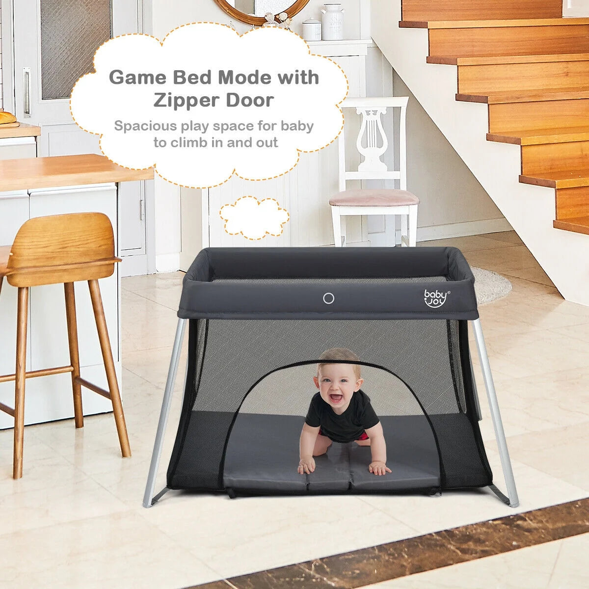 Foldable Baby Playpen Lightweight Crib with Carry Bag Dark Gray V733