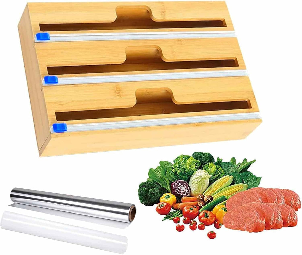 Bamboo Wrap Dispenser with Slide Cutter, 3 in 1 Aluminum Foil Plastic Wrap Wax Paper Dispenser, 12 Roll, Pack of 2 Z26296