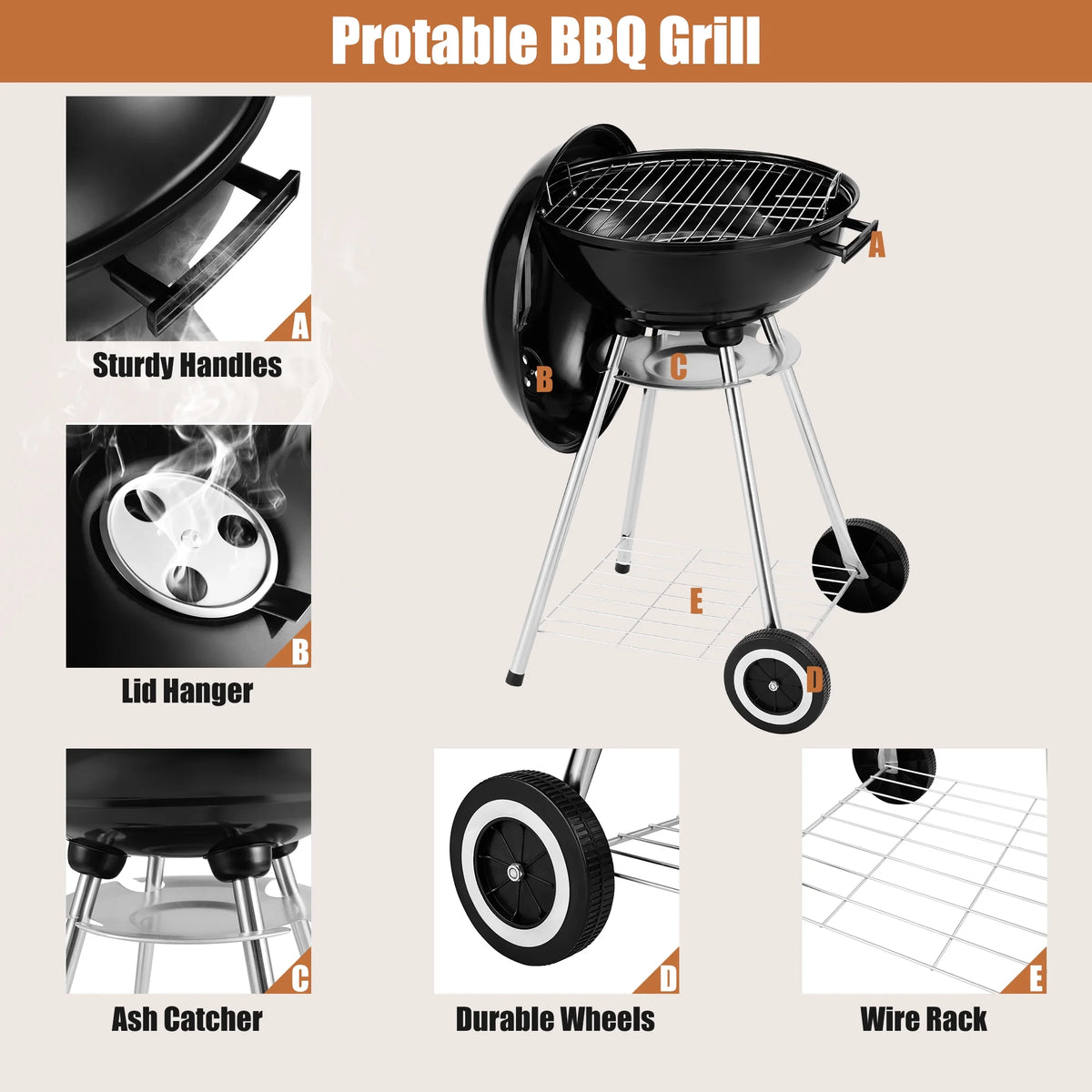 18 Inch Portable Charcoal Grill with Wheels J87654
