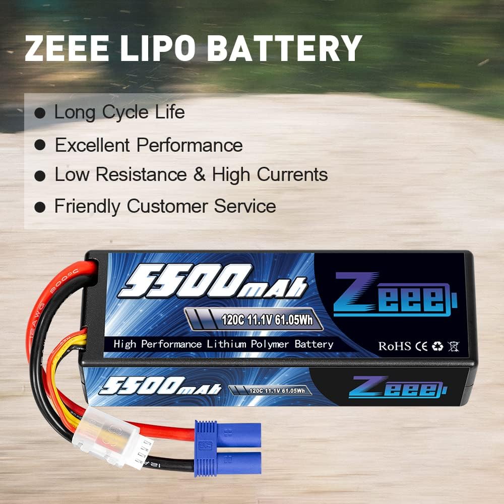 3S Lipo Battery 5500mAh 11.1V 120C Hard Case with EC5 Connector 2 Pack K86274