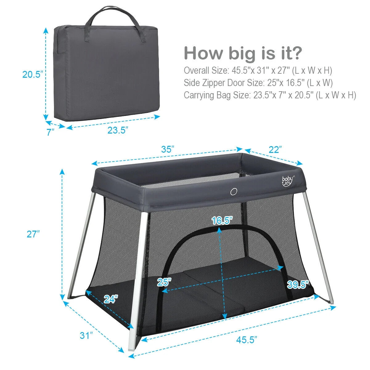 Foldable Baby Playpen Lightweight Crib with Carry Bag Dark Gray V733