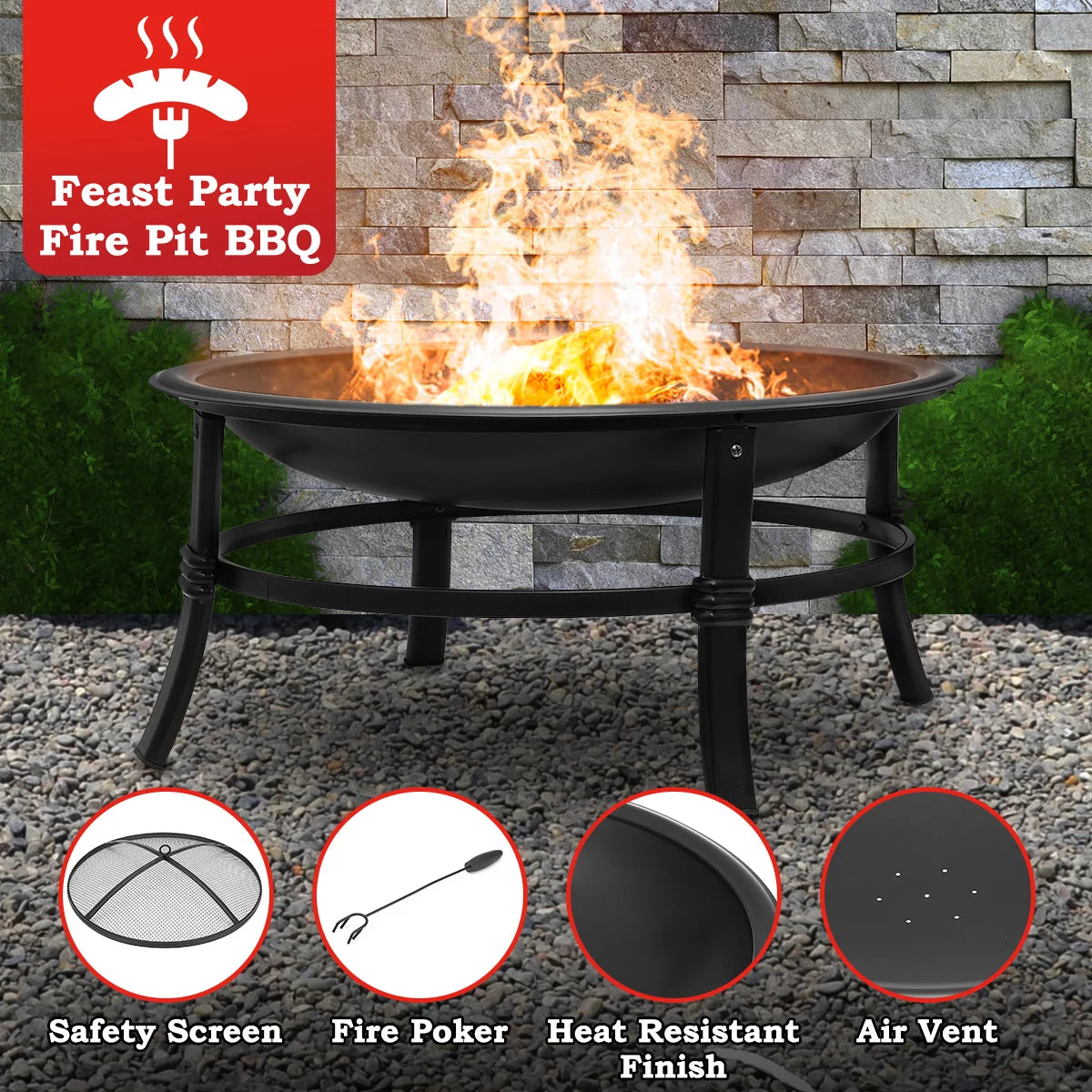 26 inch Portable Wood Burning Fire Pit with Log Grate, Poker S8023