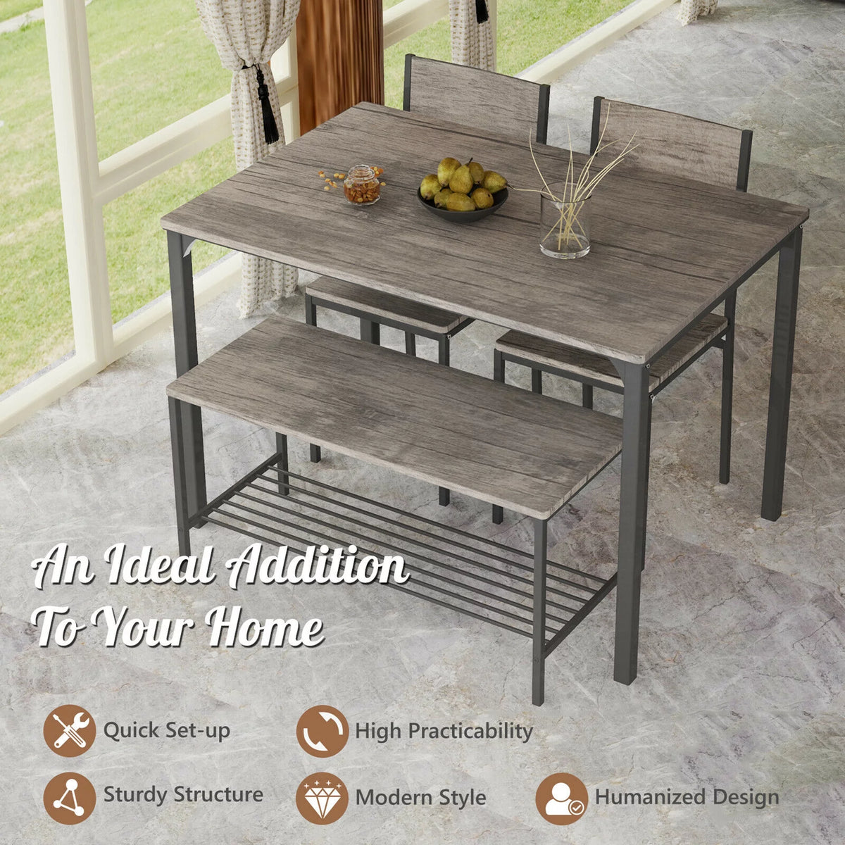 4 Pc Dining Table Set with 2 Chairs and Bench W1133
