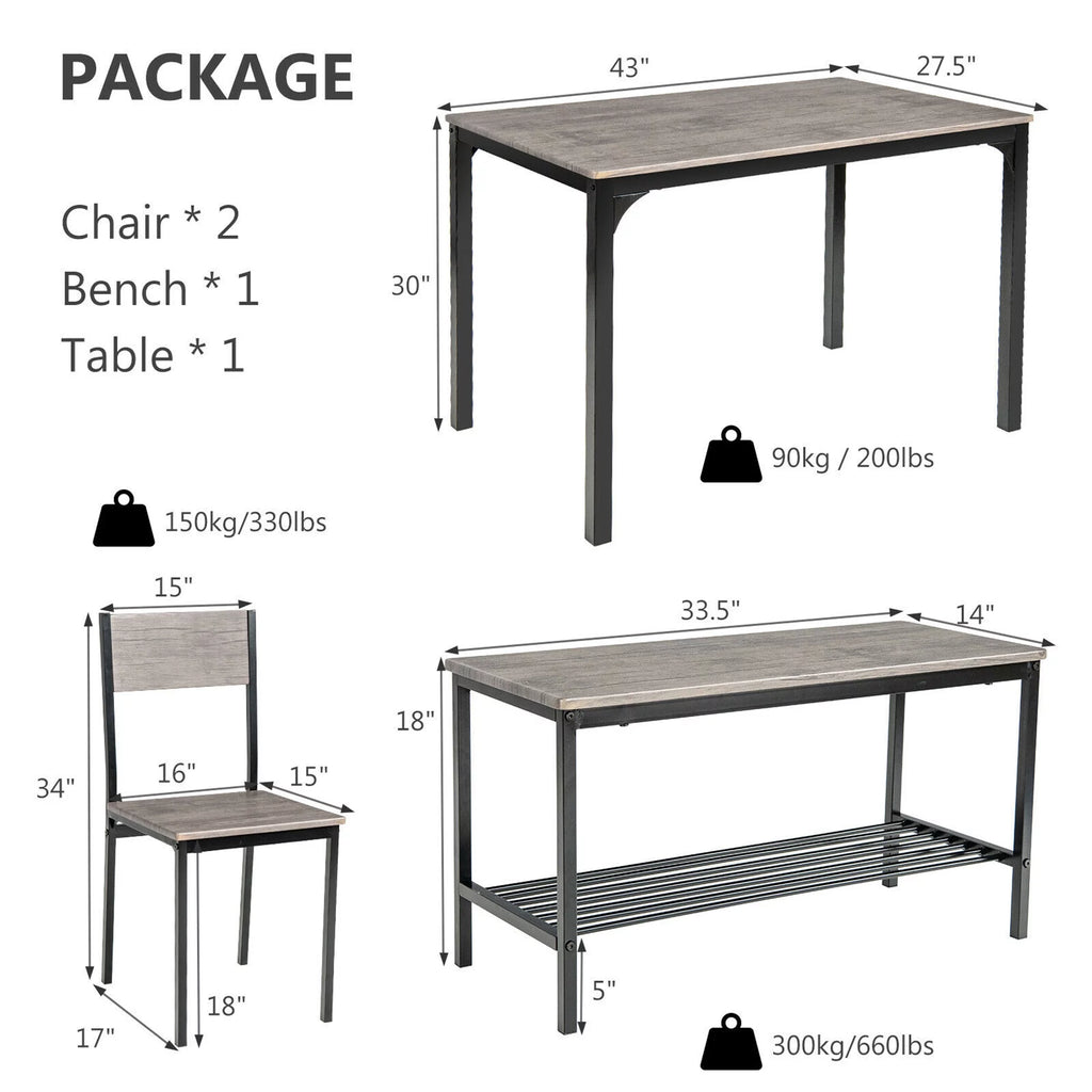4 Pc Dining Table Set with 2 Chairs and Bench W1133