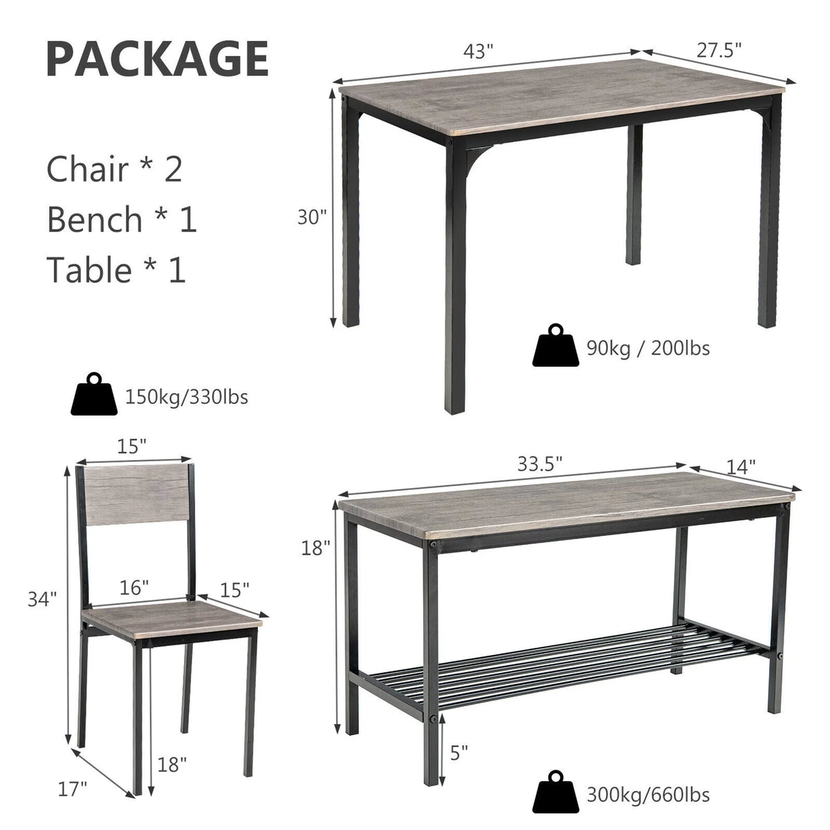 4 Pc Dining Table Set with 2 Chairs and Bench W1133