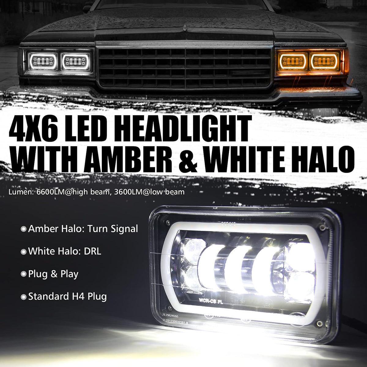 4x6 Led Headlight Halo White DRL Amber Turn Signal 2PC Pack R32537