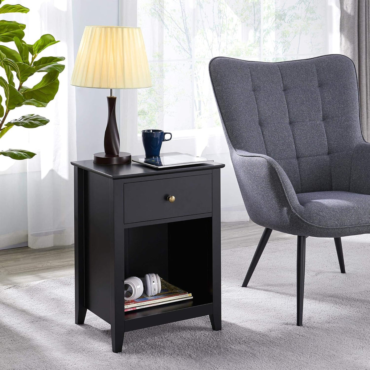 1 Drawer 2-Tier Wooden Sofa Side Table Black V733