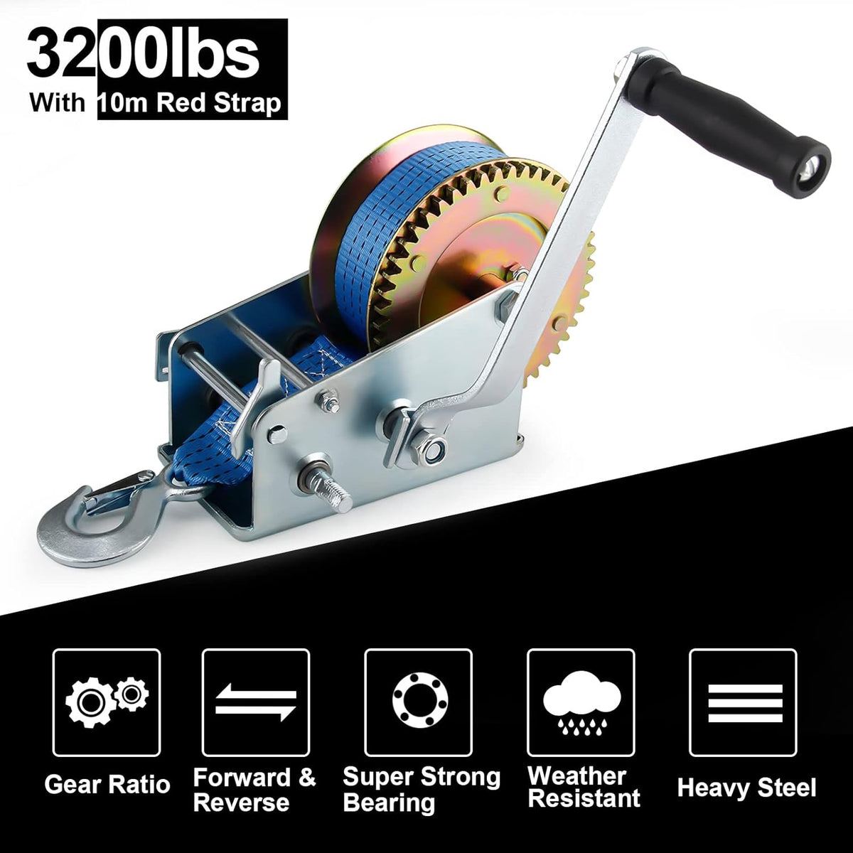Heavy Duty Hand Winch with Polyester Strap, Blue Pack of 2 G110258
