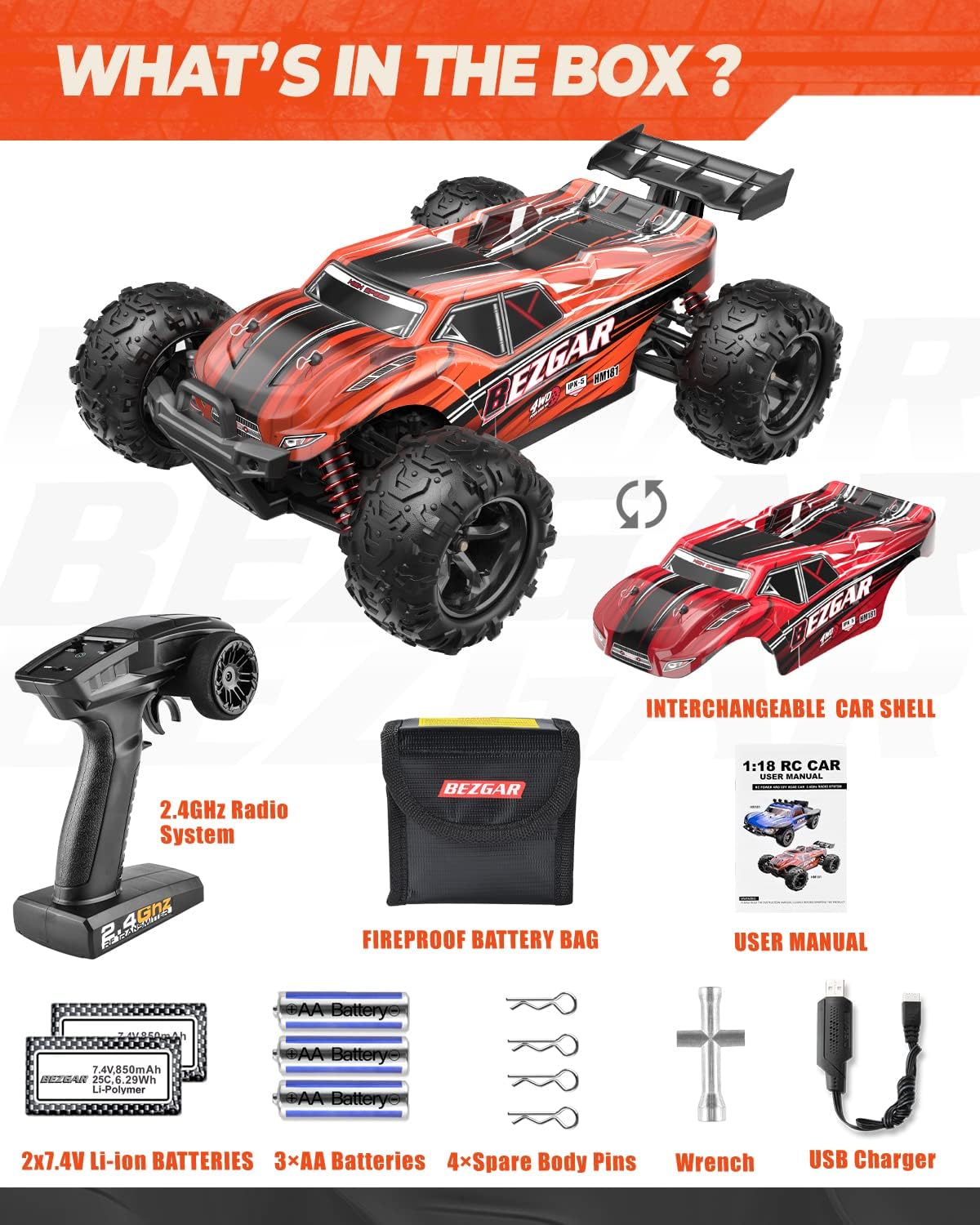 1:18 Scale 4WD Remote Control Monster Truck with 2 Rechargeable Batteries I6540