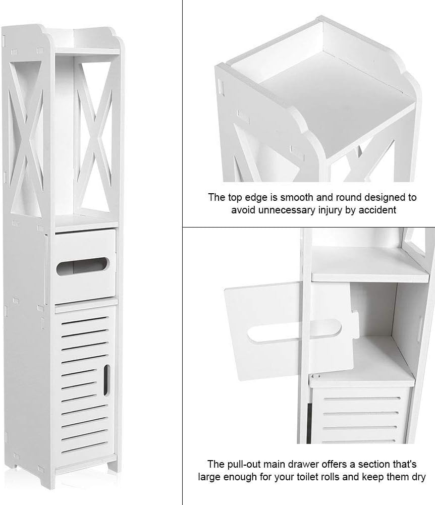 White Narrow Floor Standing Bathroom Storage Cabinet with Open Shelves L572930
