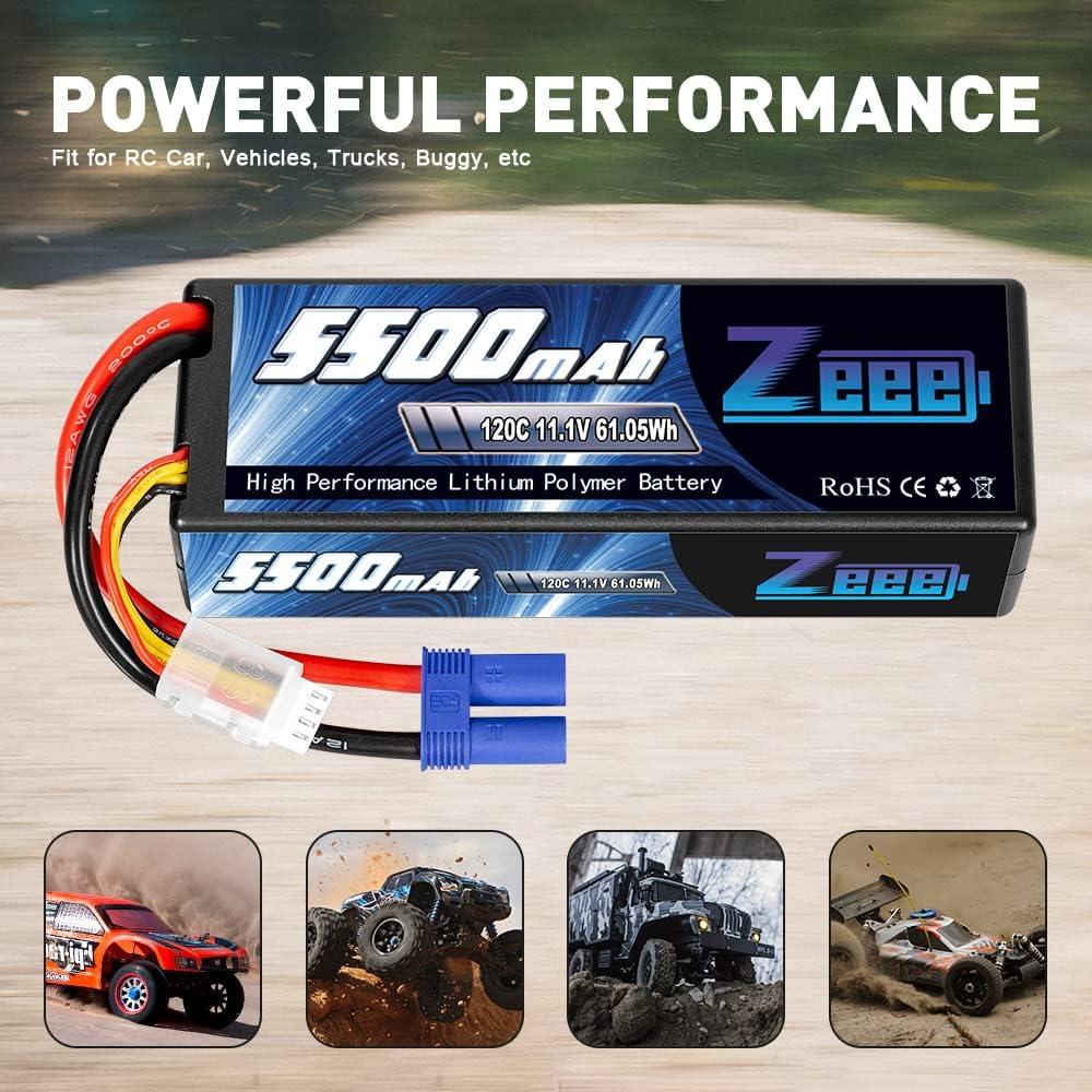 3S Lipo Battery 5500mAh 11.1V 120C Hard Case with EC5 Connector 2 Pack K86274