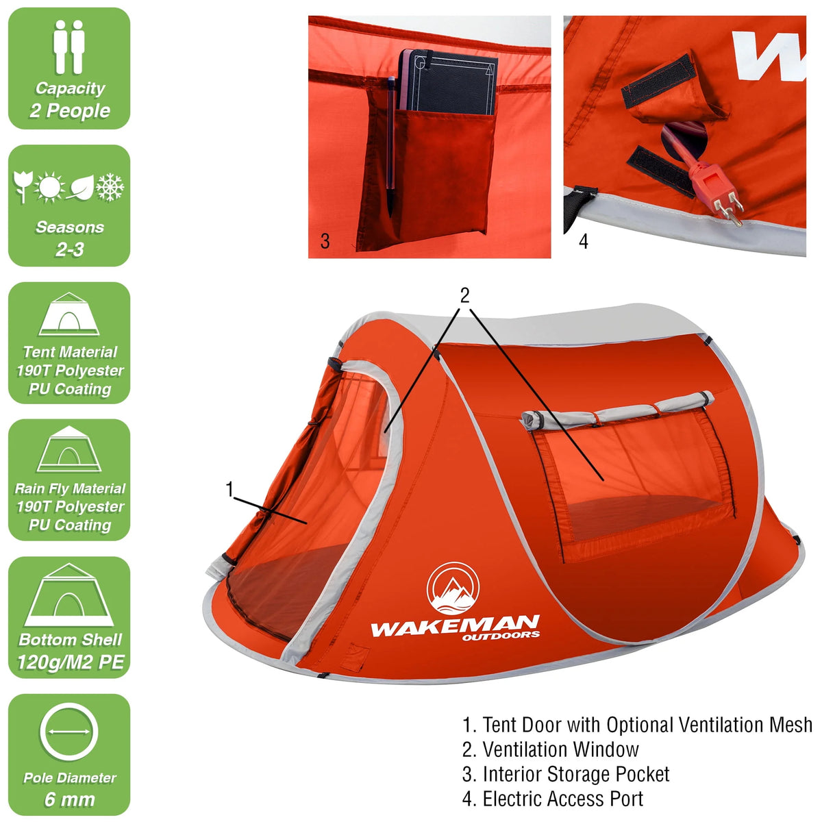 Blue Water-Resistant Polyester 2-Person Pop-up Tent with Rainfly and Carry Bag Z621