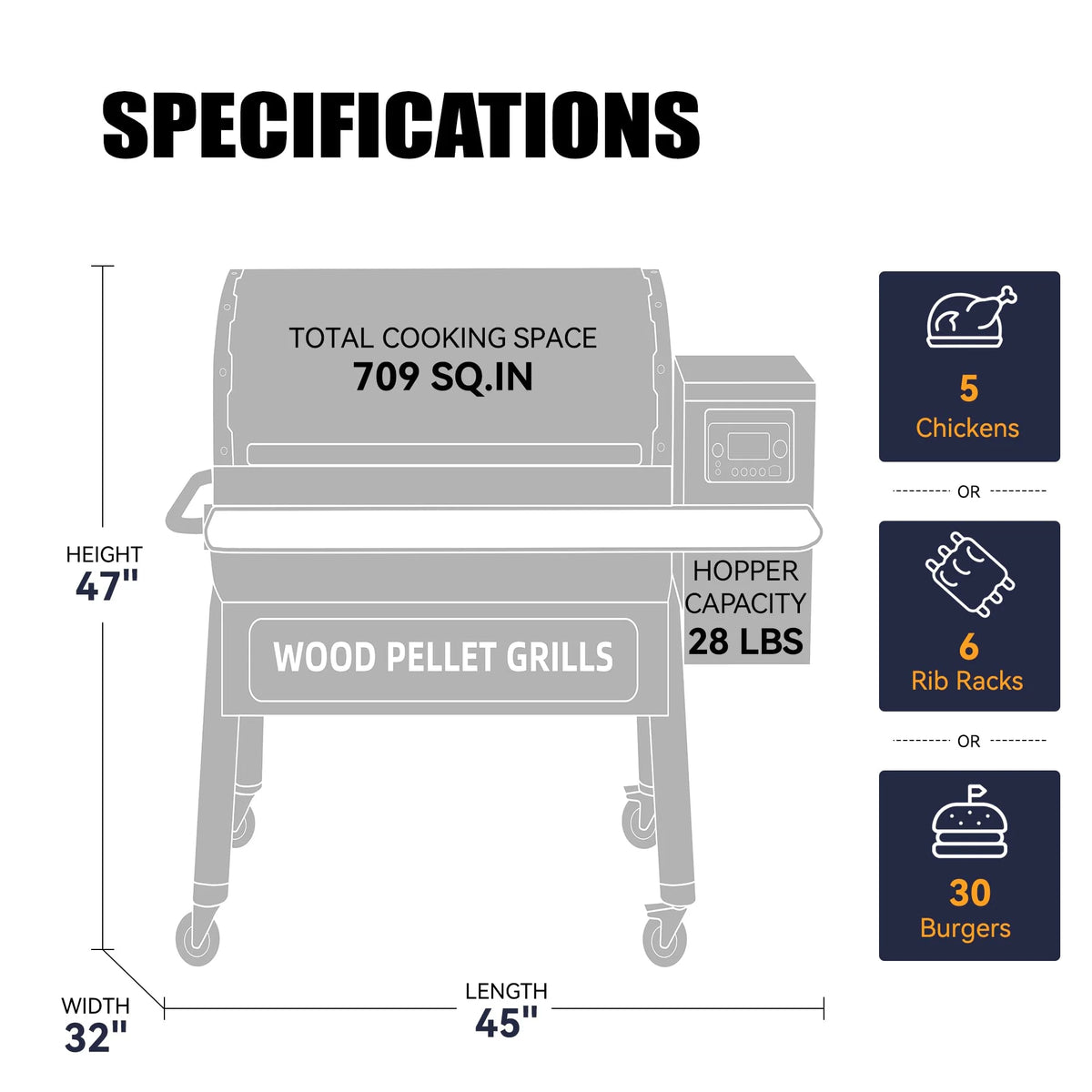 Wood Pellet Grill & Smoker with WIFI, PID Controller, 709 sq. in, Black F484