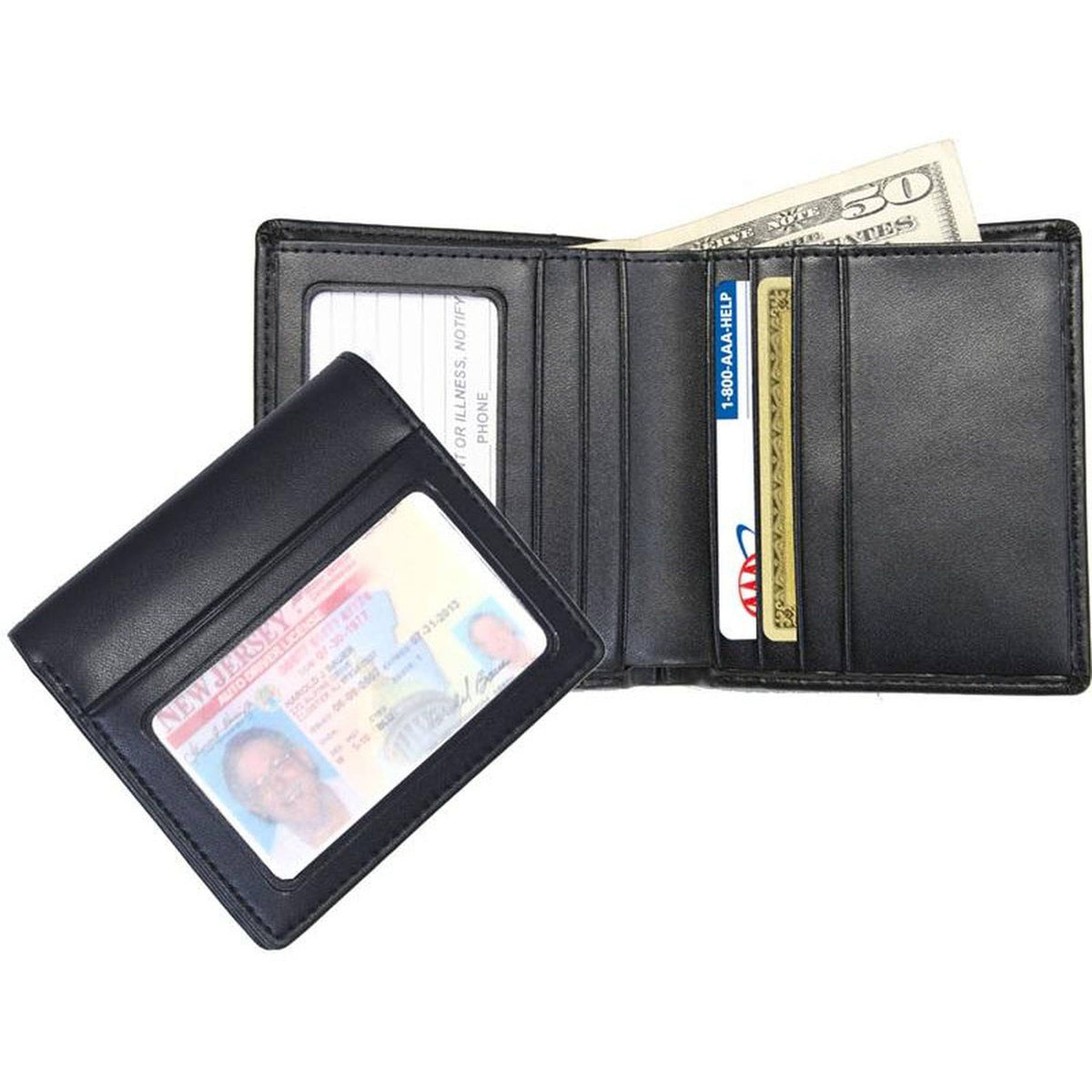 Black Leather Double ID Bi-Fold Wallet O1948