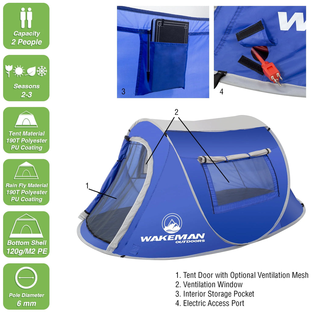 Blue Water-Resistant Polyester 2-Person Pop-up Tent with Rainfly and Carry Bag Z621