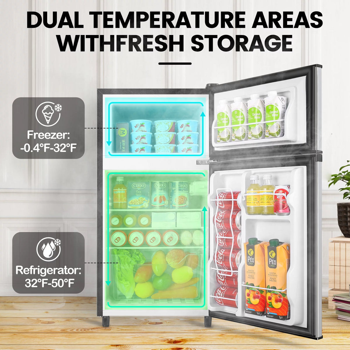 Two Door Mini Fridge with Freezer, 3.5 Cu ft, Black X690205
