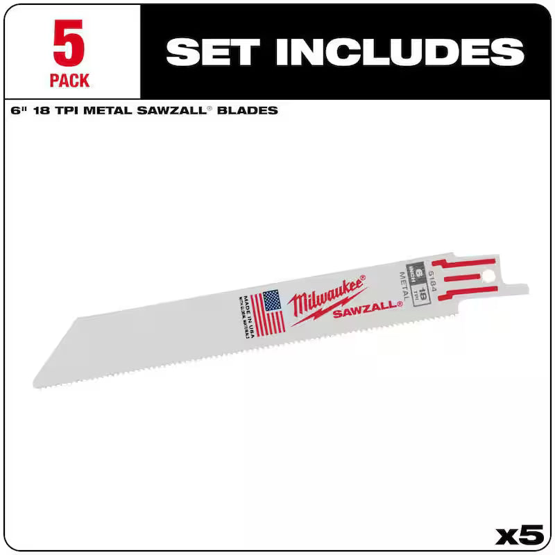 6 in. 18 TPI Metal Cutting Reciprocating Saw Blades (5-Pack) S649594