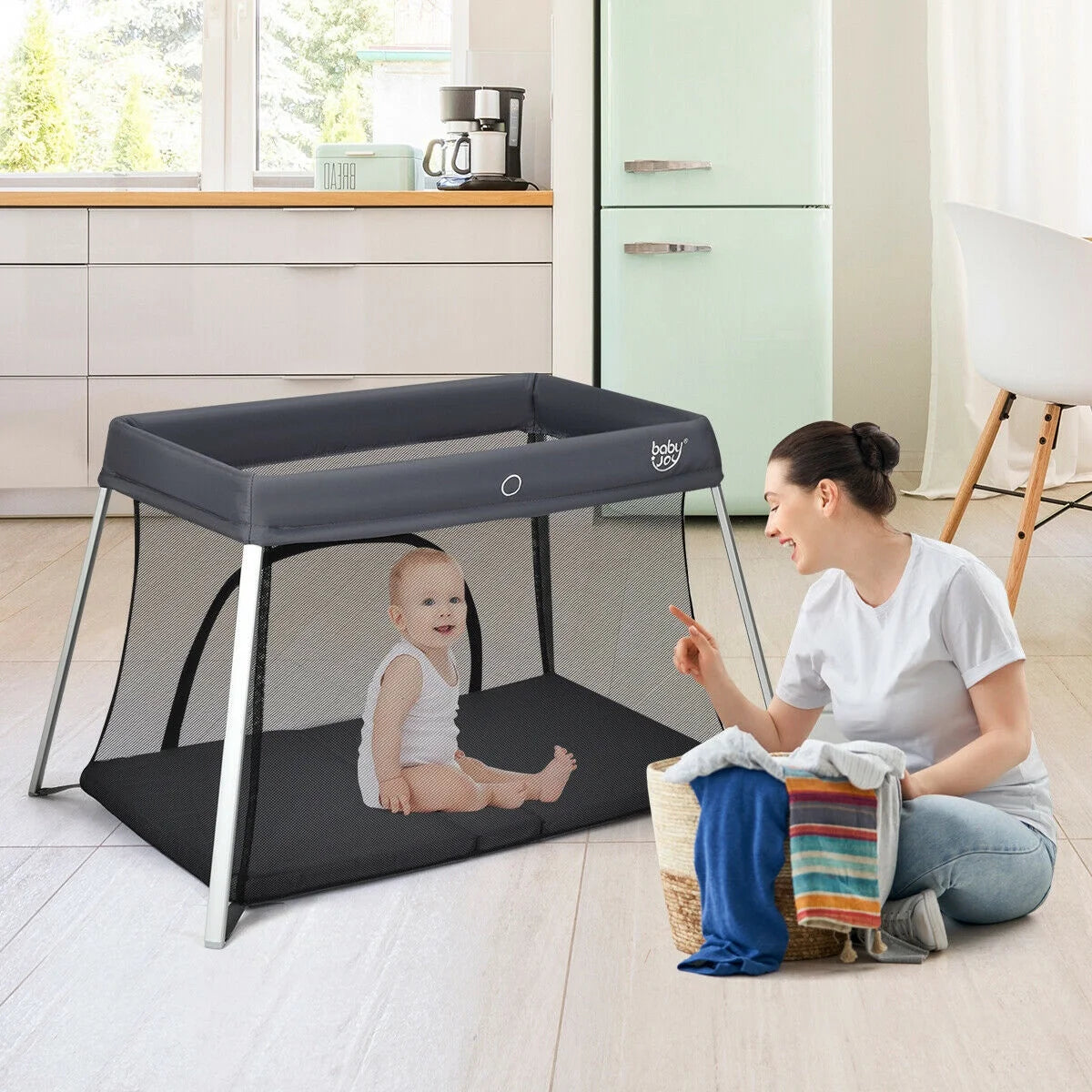 Foldable Baby Playpen Lightweight Crib with Carry Bag Dark Gray V733